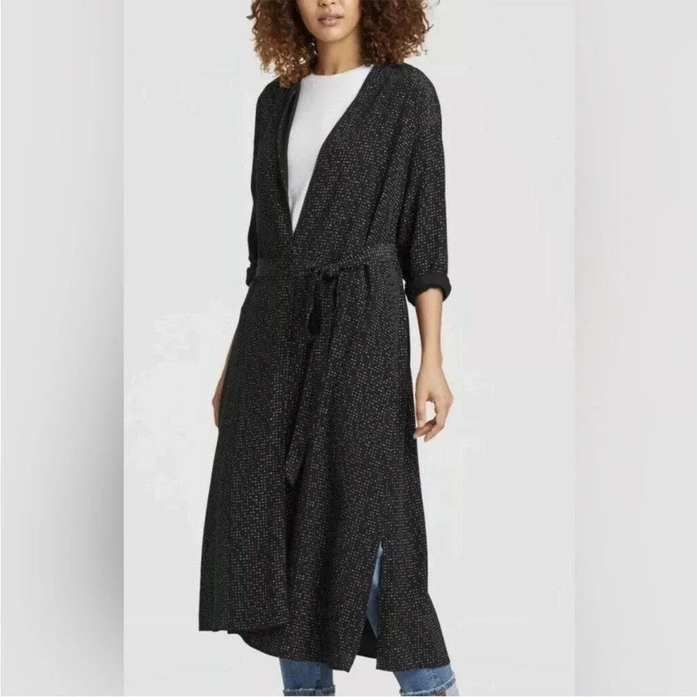 NEW! EILEEN FISHER Morse Code Black Belted Long Kimono Jacket L